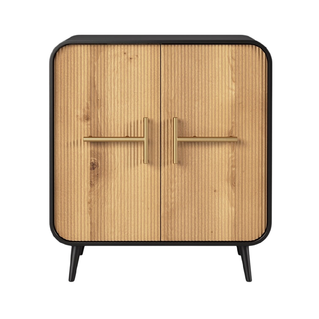 **Meuble de rangement contemporain en bois avec portes à rayures et poignées dorées**