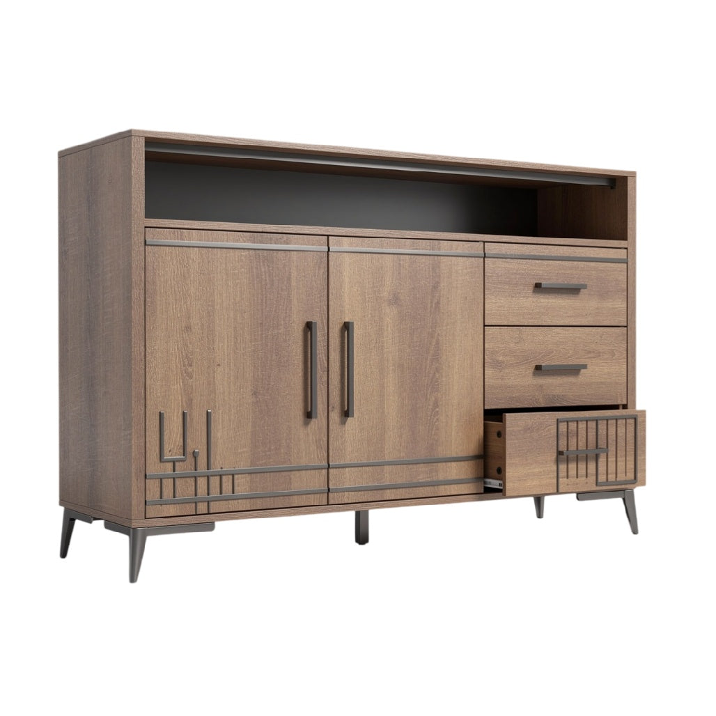 **Meuble TV en bois avec tiroirs et portes, design moderne**
