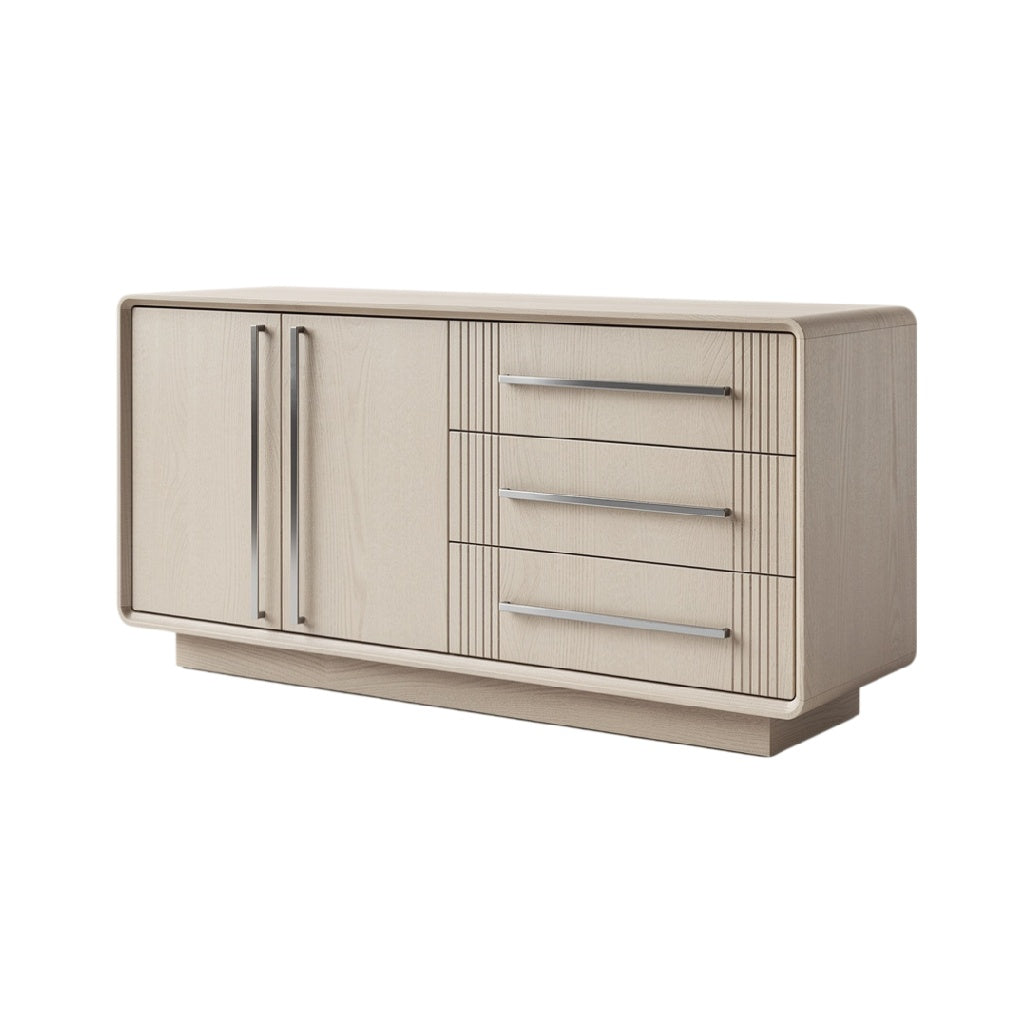 **Meuble de rangement en bois clair avec tiroirs et portes battantes**
