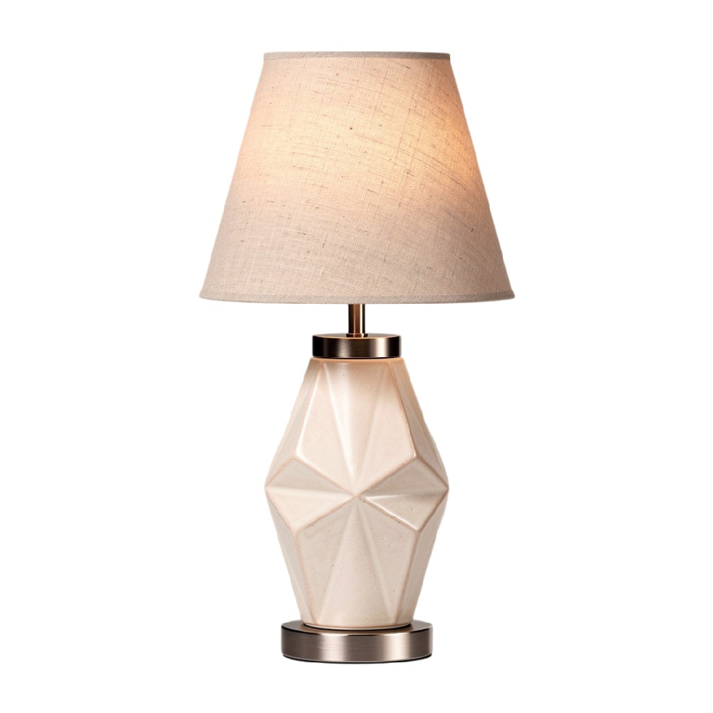 **Lampe de table en céramique avec abat-jour en lin - Design géométrique moderne**