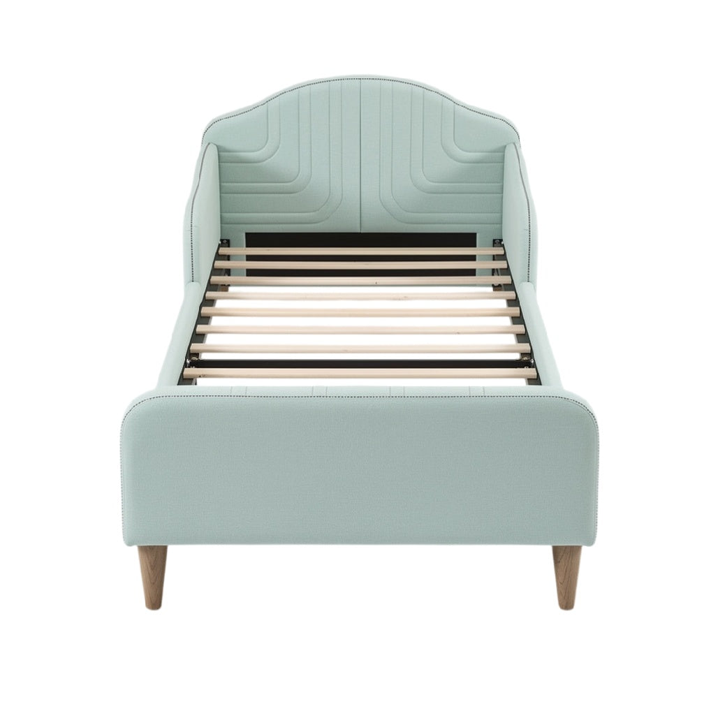 **Lit moderne en tissu vert avec sommier à lattes**